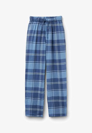 Blauwe geruite pyjamabroek van zacht materiaal. Beschikt over een elastische tailleband met trekkoord, rechte pijpen en contrasterende tinten blauw.