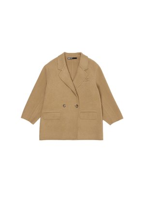 Beige dubbelzijdige jas van een wolmix, met een gelapte revers, twee voorzakken en een ontspannen pasvorm met driekwartmouwen.
