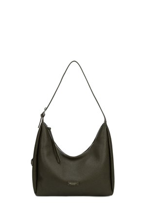 Borsa a tracolla in pelle verde scuro testurizzata con una sola tracolla e chiusura con zip, etichettata "DIANA&CO FIRENZE" sul davanti.