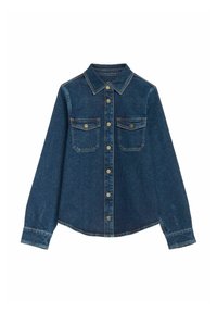 Granatowa dżinsowa kurtka z długimi rękawami, zapięcie na guziki z przodu, dwie kieszenie na piersi oraz guziki w kolorze złotym. Posiada klasyczny kołnierzyk i zaokrąglony dół.