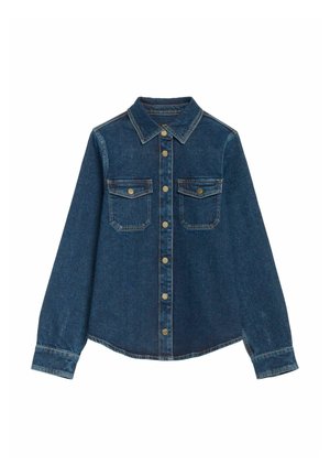 Granatowa dżinsowa kurtka z długimi rękawami, zapięcie na guziki z przodu, dwie kieszenie na piersi oraz guziki w kolorze złotym. Posiada klasyczny kołnierzyk i zaokrąglony dół.