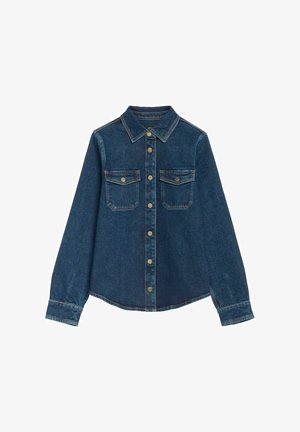 Granatowa dżinsowa kurtka z długimi rękawami, zapięcie na guziki z przodu, dwie kieszenie na piersi oraz guziki w kolorze złotym. Posiada klasyczny kołnierzyk i zaokrąglony dół.