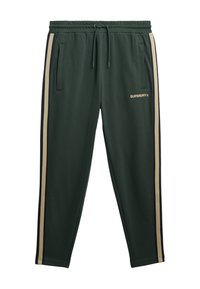 Grønne joggingbukser med elastisk talje, snøre, sidelommer og lodrette beige og marineblå striber. Har "SUPERDRY" logo i guld.