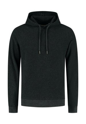 Donkergrijze lange mouwen hoodie met trekkoorden, ribgebreide manchetten en tailleband, weergegeven op een witte achtergrond.