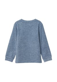 Blaues Sweatshirt mit langen Ärmeln, aus weichem, strukturiertem Stoff gefertigt. Verfügt über einen runden Ausschnitt und gerippte Bündchen. Keine sichtbare Markenkennzeichnung.