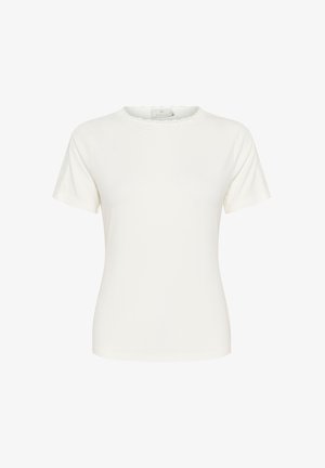 Weißes T-Shirt mit kurzen Ärmeln aus weichem Stoff, mit einem gewellten Ausschnitt und einer taillierten Form. Keine Muster oder Akzente vorhanden.