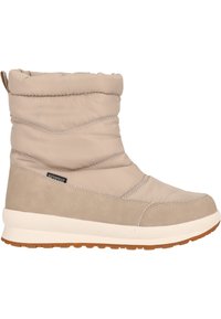Stivale alla caviglia impermeabile beige con tomaia imbottita e dettagli in suede. Presenta una suola spessa bianca e una suola in gomma testurizzata per una buona aderenza.