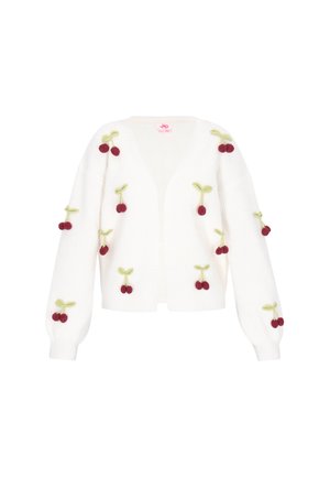 Cardigan bianco a maglia con motivi di ciliegie ricamati in rosso e verde. Design a V con maniche ampie e apertura frontale.