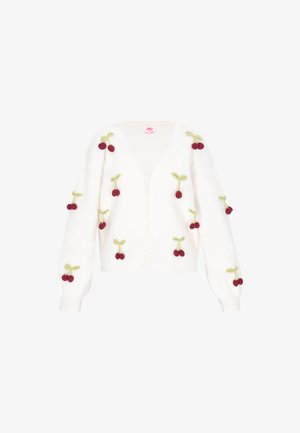 Weißer Strickcardigan mit gestickten Kirschmustern in Rot und Grün. V-Ausschnitt-Design mit lockeren Ärmeln und Frontöffnung.