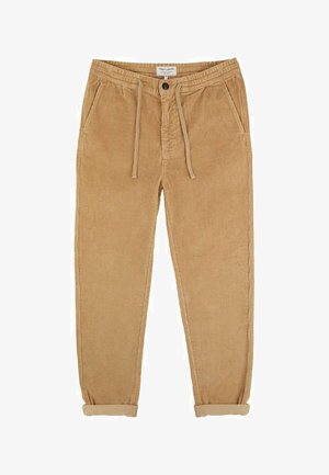 Pantalon en velours côtelé marron clair avec taille élastique, cordon de serrage, bouton de fermeture, poches latérales et revers enroulés.