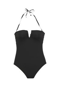Schwarzer Einteiler-Badeanzug mit V-Ausschnitt und gerafften Details, ausgestattet mit Halterneck-Bindebändern aus schwarz-weiß gestreiftem Stoff. Glatte Textur.