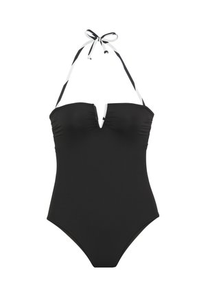 Costume da bagno intero nero con scollatura a V e dettagli arricciati, dotato di laccetti al collo in tessuto a righe bianche e nere. Texture liscia.
