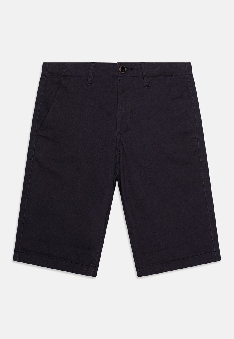 Shorts bleu marine en coton. Dotés d'un devant plat, de deux poches latérales et d'une fermeture à bouton. L'ourlet est droit et arrive au genou.