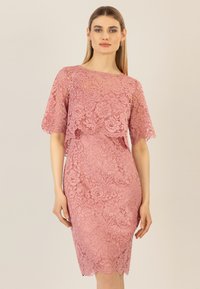 Rosa Spitzenkleid mit transparenter Überlagerung, floralen Mustern, kurzen Ärmeln und einer taillierten Silhouette, die direkt über dem Knie endet.