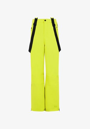 Heldere gele waterdichte broek met zwarte verstelbare banden, ritszakken, brede pijpen en versterkte onderste delen voor duurzaamheid.