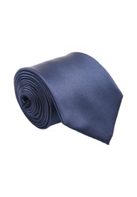 Cravatta in seta blu navy, arrotolata con una texture liscia, forma a punta triangolare, che mostra un colore uniforme senza motivi o accenti.