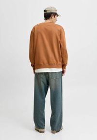 Felpa marrone con una vestibilità comoda e polsini a costine, abbinata a jeans blu larghi. La persona indossa un cappellino di colore chiaro.