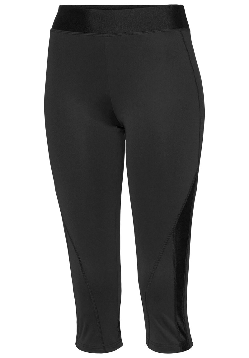 Schwarze Capri-Leggings aus dehnbarem Stoff, mit einem breiten elastischen Bund und Seitenpaneelen mit matter Oberfläche für ein elegantes Design.