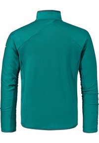 Türkisfarbener Pullover mit langen Ärmeln und hohem Kragen, gerippter Textur und Flachnaht. Hat ein minimalistisches Design ohne sichtbare Logos.