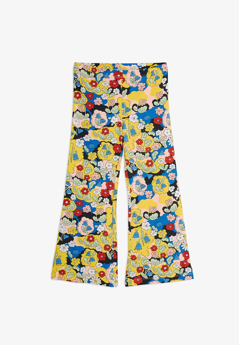 Φαρδύ παντελόνι με πολύχρωμο λουλουδάτο σχέδιο σε κίτρινο φόντο. Κατασκευασμένο από λείο ύφασμα με απαλή υφή.