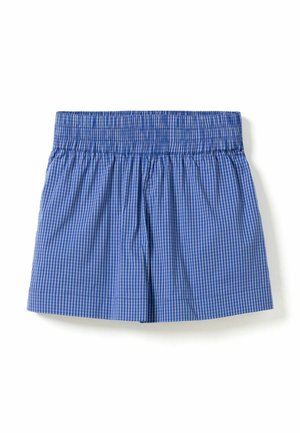 Pantalones cortos de cintura elástica con cuadros azules y blancos, con una tela suelta y ligera y una cinturilla ancha.