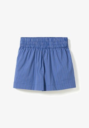 Blauw-witte geruite shorts met elastische taille, gemaakt van een los, lichtgewicht stof en een brede tailleband.