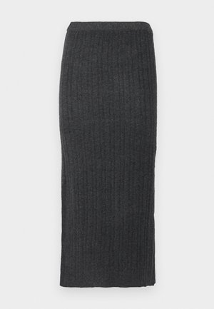 Megzta, juostos modelio midi sijonas tamsiai pilkos spalvos. Yra prigludusi silueto forma ir elastinė juosmena. Pagamintas iš minkštos, tekstūruotos medžiagos.