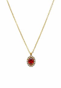 Gouden ketting met een grote ovale rode edelsteen, omringd door kleine heldere steentjes, met intrigerende details en een gepolijste afwerking.