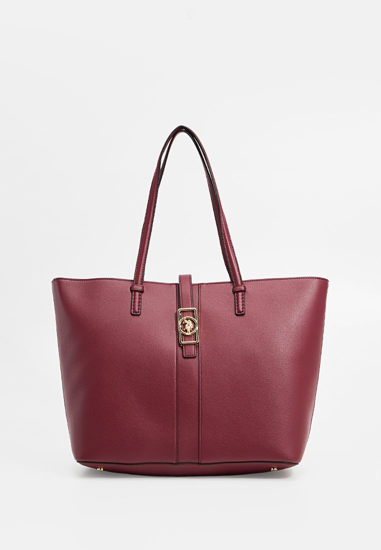 Bolso tote de cuero burdeos con dos asas, acentos en dorado, forma estructurada y diseño minimalista.