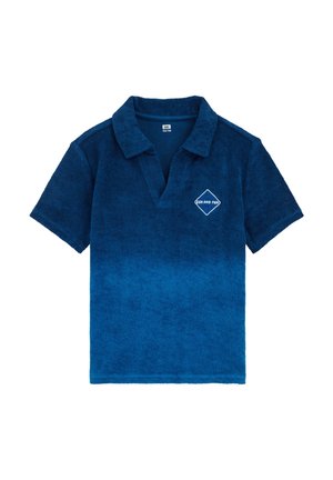 Rövid ujjú kék frottír póló gallérral, a mellkason egy gyémánt alakú keretben "Sun and Fun" felirattal.