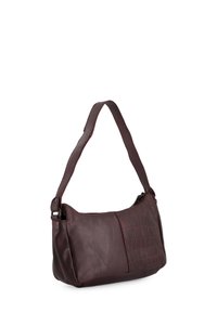 Burgundy leather shoulder bag with a smooth texture and a crocodile pattern on one side. Features a sturdy shoulder strap and zip closure.