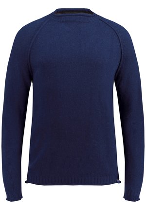 Dunkelblauer Strickpullover mit langen Ärmeln, Rundhalsausschnitt und gerippten Bündchen sowie Saum, teilweise mit einem kleinen Akzent-Tag an der Seitennaht.