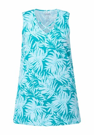 Ærmeløs turkis tunika med lyseblåt tropisk løvmønster og V-hals med krydsede stropdetaljer.