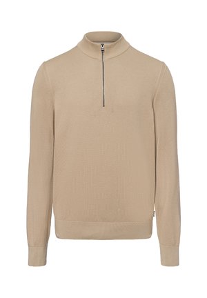 Beiger Strickpullover mit hohem Kragen und halbem Reißverschluss. Verfügt über ein strukturiertes Gewebe sowie gerippte Bündchen und Saum für zusätzlichen Komfort.