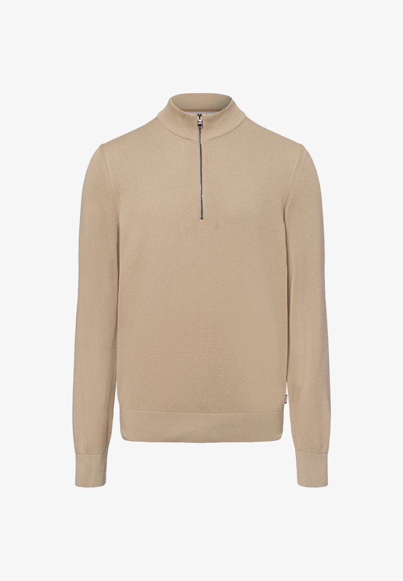Beige gebreide pullover met een hoge kraag en een halve rits. Kenmerkt zich door textiel met structuur en geribde manchetten en zoom voor extra comfort.