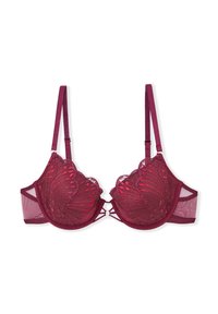 Reggiseno in pizzo color bordeaux con bordi a zig-zag, ricami floreali, dettagli in rete e spalline sottili regolabili con un design posteriore con cinghie.