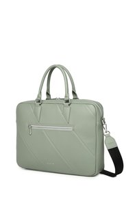 Graugrüne Leder-Laptoptasche mit diagonaler Naht, doppelten Griffen, einer Außentasche mit Reißverschluss und einem abnehmbaren Schultergurt.