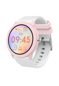 Ronde smartwatch met een roze rand en een witte siliconen band. Heeft een kleurrijk digitaal display waarop tijd, hartslag en andere metingen worden weergegeven.