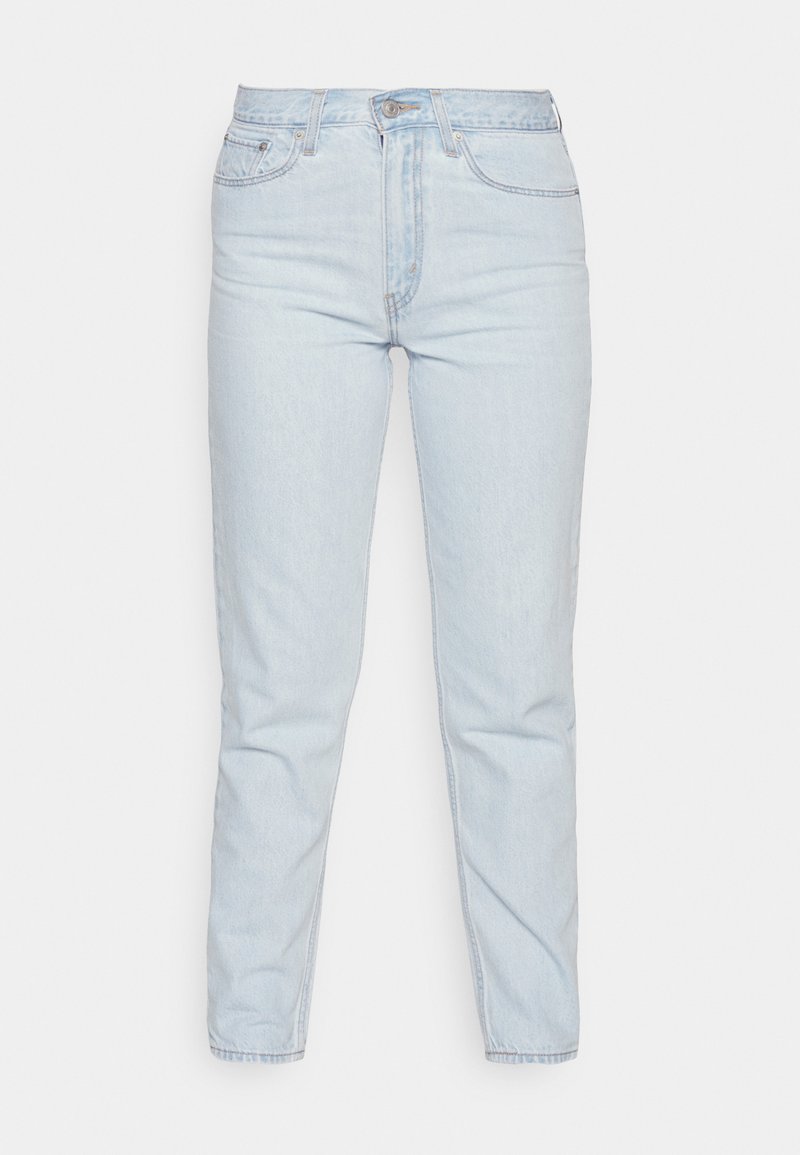 Helle blaue Denim-Jeans mit geradem Schnitt, hoher Taille, fünf Taschen-Design und Knopfverschluss. Glatte Textur mit dezenten Ausbleichungen.