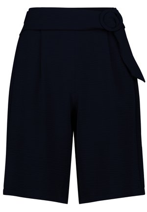 Zwarte wijde shorts met een hoge taille, een stoffen riem en een ronde gesp aan de rechterkant.