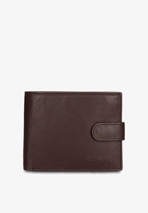 Braune Leder-Geldbörse mit Klappverschluss, strukturierter Oberfläche, Fach für Bargeld, Kartenhalterabschnitten und sicherem Druckknopfverschluss. Markenlogo auf der Vorderseite geprägt.