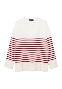 V-kauluksellinen pitkähihaisen valkoinen neulepaita, jossa on vaakasuoria punaisia raitoja rinnassa ja hihoissa, esitettynä yksinkertaisella taustalla.