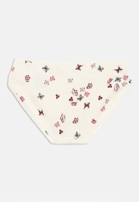 Białe bawełniane majtki z rozsianym wzorem motyli w odcieniach różu i czerni. Gładka faktura i standardowy krój typu brief.