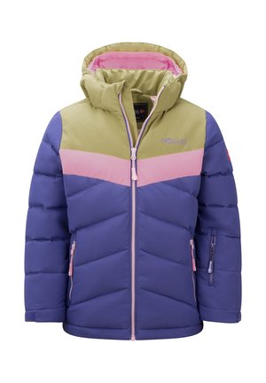 Gesteppte Kinder-Winterjacke mit Kapuze in Lila, Pink und Olivgrün, mit Frontreißverschluss und Seitentaschen.