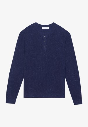 Navy blue ribbed long-sleeve henley shirt with three black buttons at the collar and a soft texture, featuring specks of lighter colors throughout.
