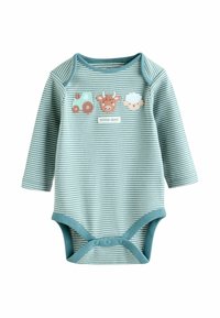 Ljusblå randig långärmad bodysuit med ribbade kanter. Har broderade mönster av traktor, ko och får, med texten "little moo".