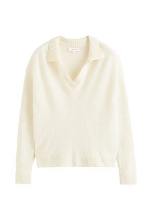 Crème kleur pullover sweater met een V-hals, geribbelde afwerking bij de kraag en zoom, en lange mouwen. Zachte gebreide textuur.