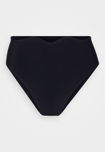 Black high-waisted bikini bottom with a scalloped top edge, made of stretchy fabric, featuring a smooth texture and no visible hardware.