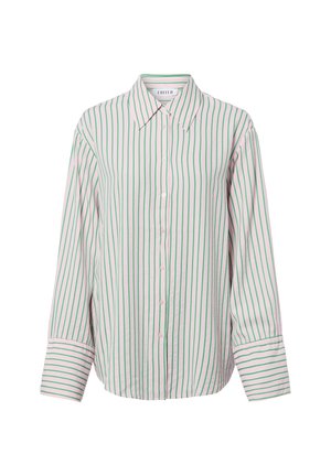 Overhemd met lange mouwen met groene verticale strepen op witte stof en brede manchetten, kraag omlaag gevouwen.
