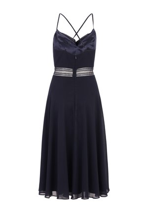 Robe bleu marine avec des bretelles spaghetti, corsage en satin, taille en dentelle et jupe fluide, dotée d'un ourlet à mi-mollet et d'un tissu léger.